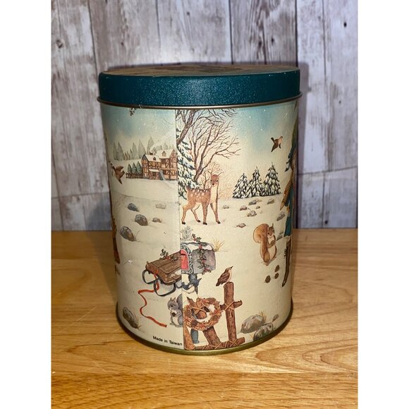 Vintage Round Christmas Tin Canister With Victorian Winter Scene Design Taiwan - Picture 2 of 7